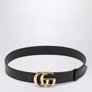 Gucci Black Leather Belt With Gold Gg Marmont Buckle Men